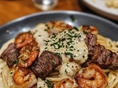 Cajun Shrimp and Steak Alfredo Pasta