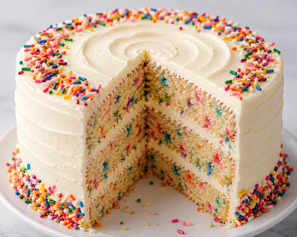Colorful funfetti cake slice with sprinkles