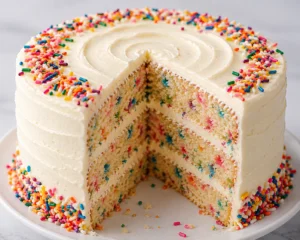 Colorful funfetti cake slice with sprinkles
