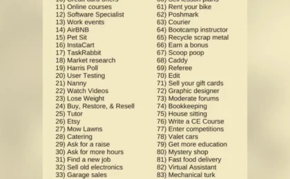 Title 100 Creative Ways To Make Money with numbered list of side hustle ideas including freelancing and selling items.