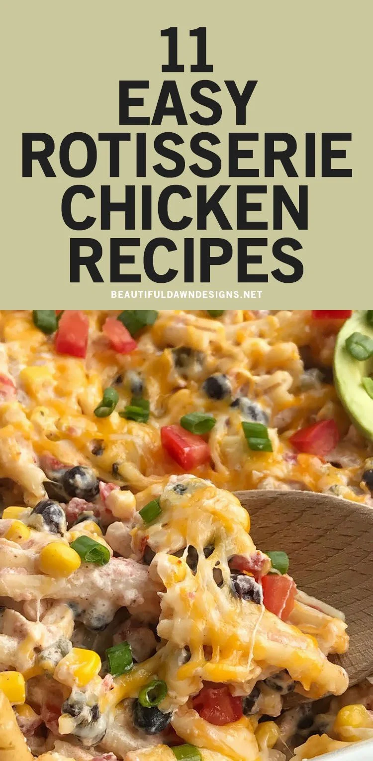 Scoop of casserole with shredded rotisserie chicken, corn, black beans, tomatoes, cheese, and green onions.