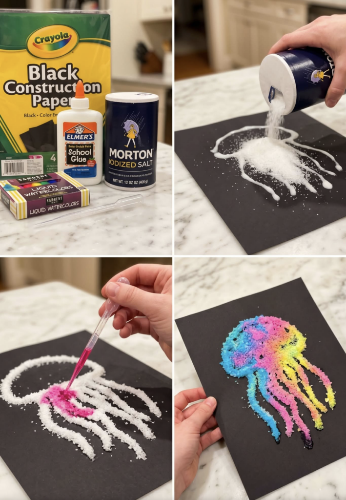 Step-by-step collage showing materials, pouring salt, adding watercolor to a black paper jellyfish craft.