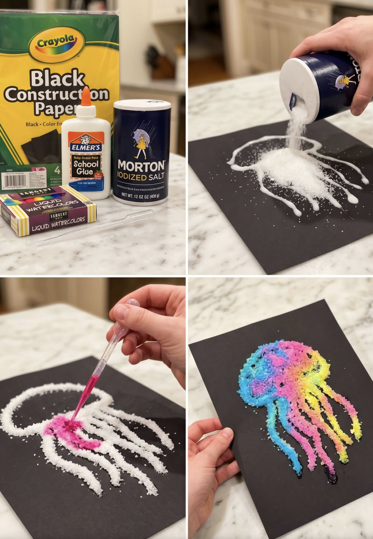 Step-by-step collage showing materials, pouring salt, adding watercolor to a black paper jellyfish craft.