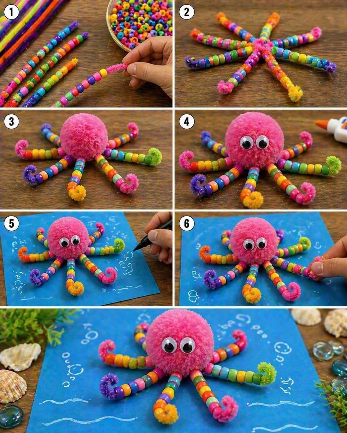 Step by step numbered tutorial images showing how to thread beads onto pipe cleaners to make a colorful octopus craft.