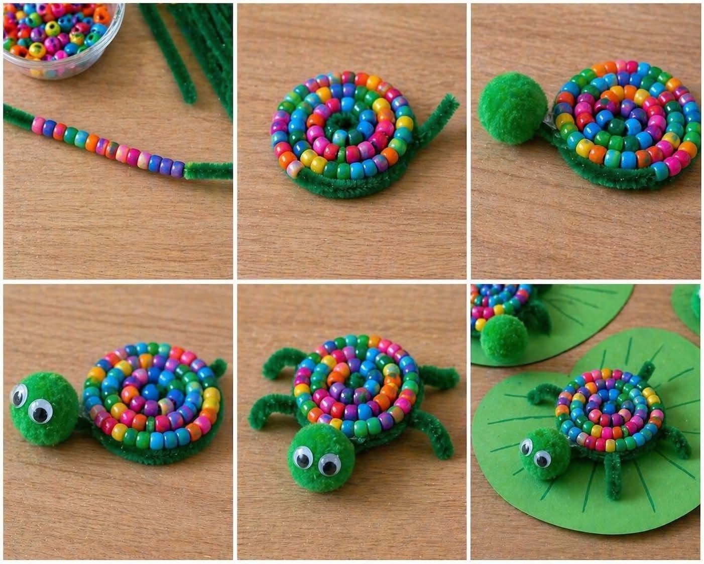 Step-by-step photos showing how to make beaded pipe cleaner crafts on a wooden table