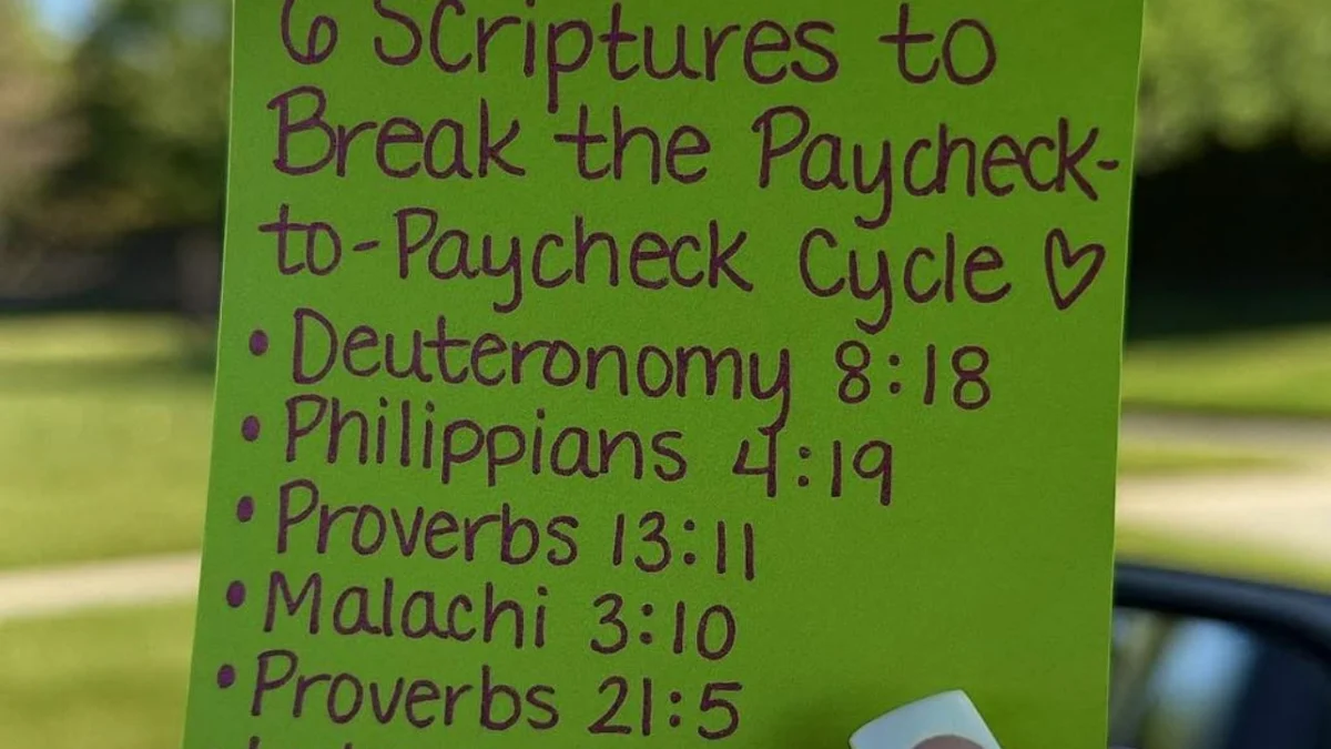 Hand holding a green sticky note listing 6 Bible verses to break the paycheck-to-paycheck cycle against a blue sky.