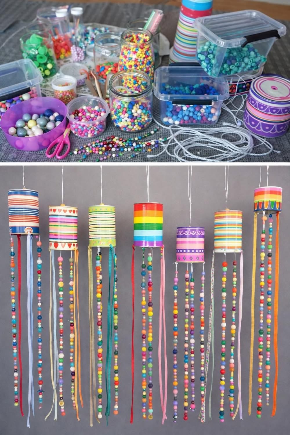 Colorful beaded wind chimes made from decorated tubes hanging against a grey background with craft supplies nearby.