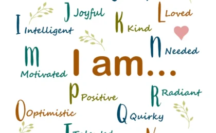 ABC Affirmations digital art print with self-love alphabet phrases in soft typography for therapy office decor.