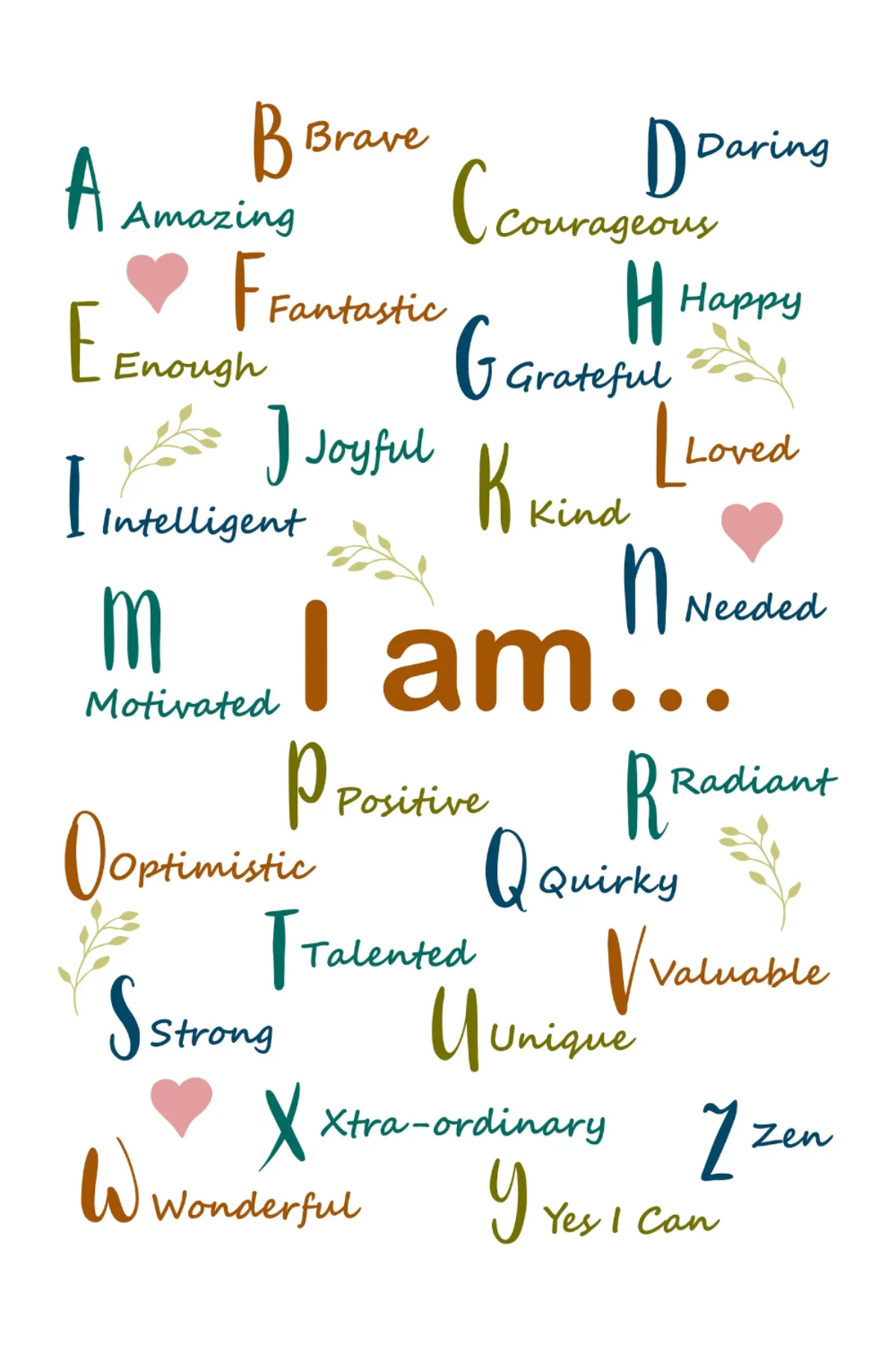 ABC Affirmations digital art print with self-love alphabet phrases in soft typography for therapy office decor.