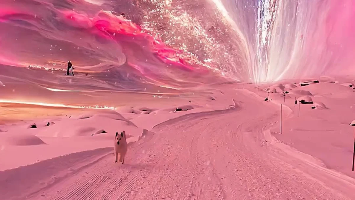 Aurora Borealis dancing over a snowy winter landscape with a dog.