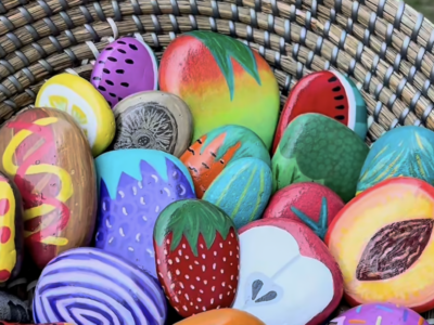 Painted Easter eggs in a woven basket