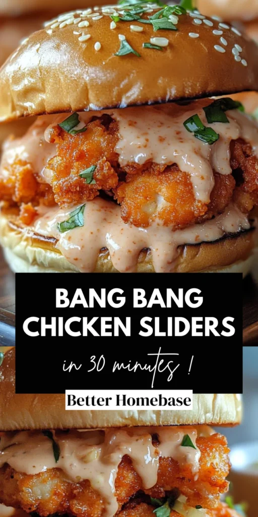 Two appetizing Bang Bang Chicken Sliders with creamy sauce dripping over crispy golden chicken on glazed sesame buns.