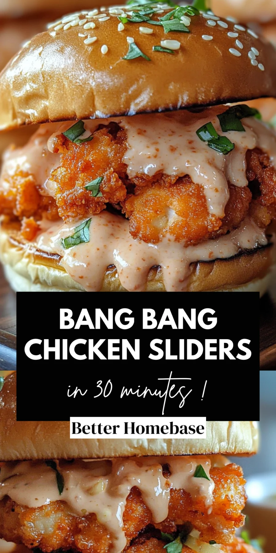 Two appetizing Bang Bang Chicken Sliders with creamy sauce dripping over crispy golden chicken on glazed sesame buns.