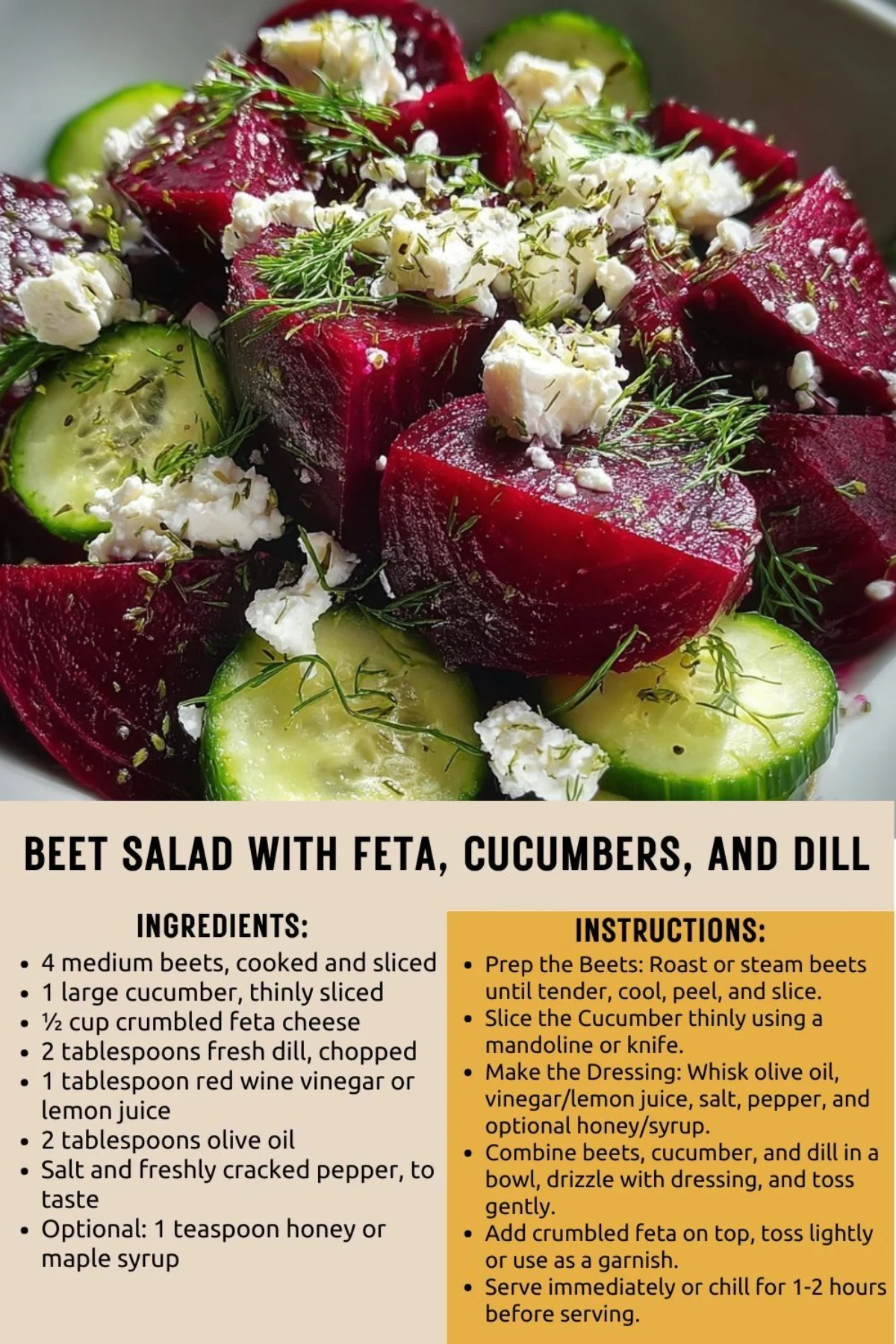 Freshly prepared beet salad garnished with crumbled feta cheese, crisp cucumber slices, and chopped fresh dill