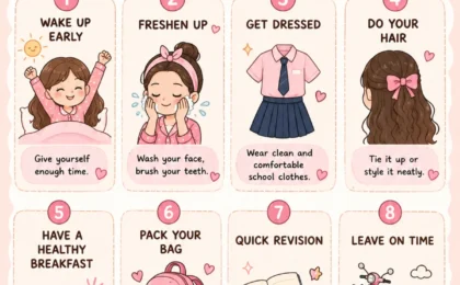 Cute illustrated morning routine checklist for students showing wake-up, brush teeth, get dressed, eat breakfast, pack bag.
