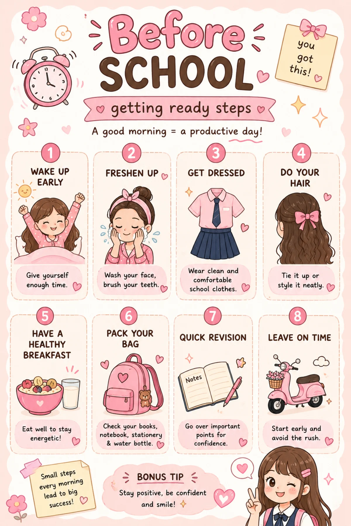 Cute illustrated morning routine checklist for students showing wake-up, brush teeth, get dressed, eat breakfast, pack bag.
