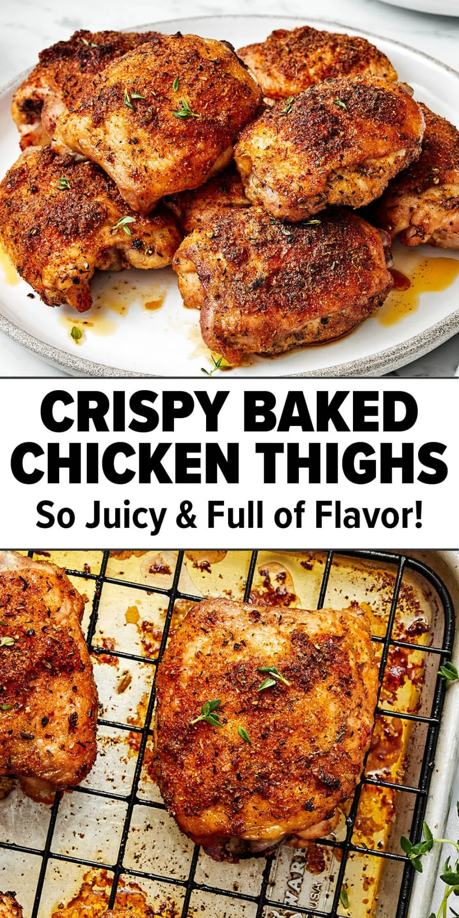 Crispy baked chicken thighs on a white plate, speckled with paprika and thyme, glistening with juices.