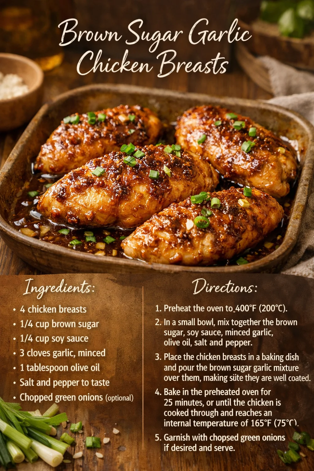 Four glazed brown sugar garlic chicken breasts baked in a dish with minced garlic and chopped green onions.