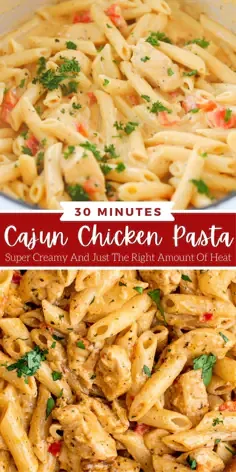 Creamy Cajun chicken pasta with macaroni, chicken pieces, diced tomatoes, and fresh parsley in a white bowl
