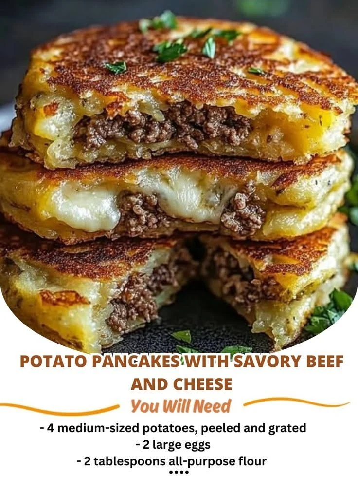 Stack of golden cheesy beef potato pancakes with melted cheese and seasoned beef filling, garnished with parsley.