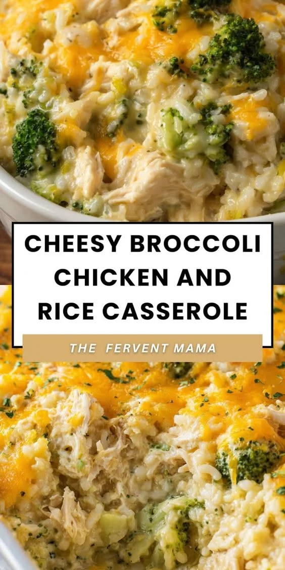 Close-up of a cheesy broccoli chicken and rice casserole with visible chicken chunks, broccoli florets, rice, and bubbly.