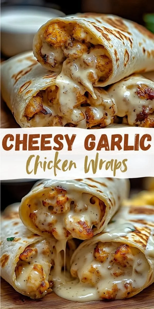 Three cheesy garlic chicken wraps stacked with melted cheese dripping down the sides, plus a sliced wrap showing chicken.