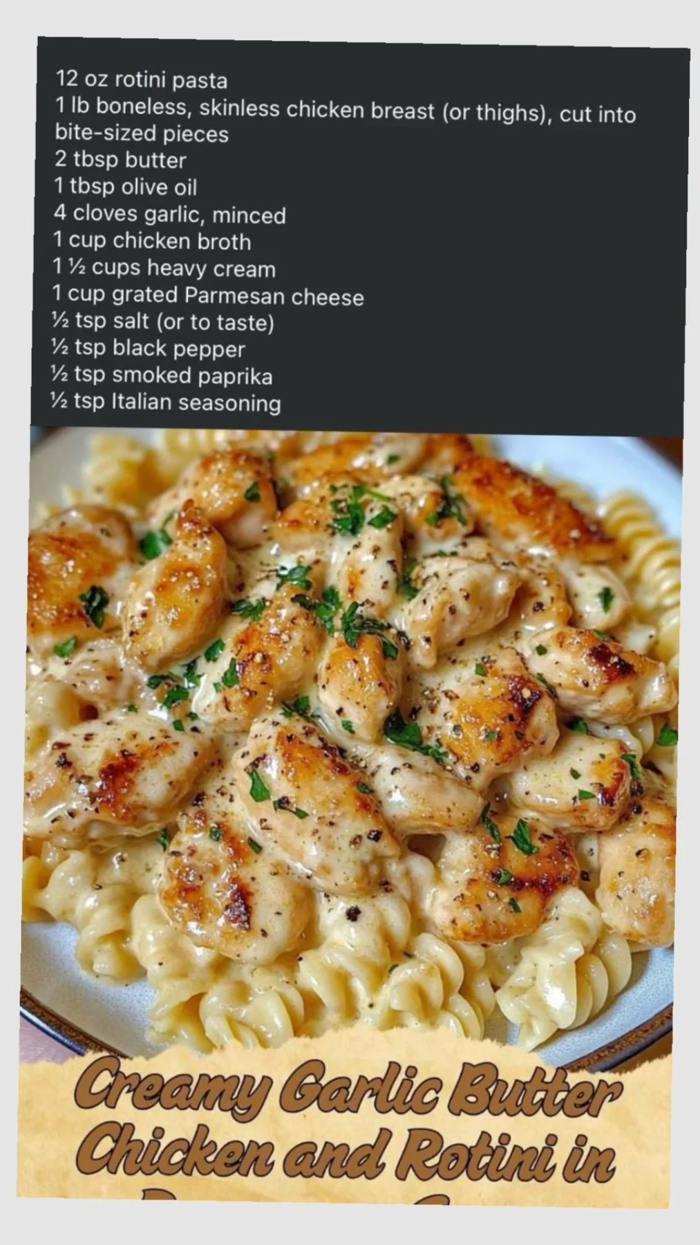 Bowl of creamy garlic butter chicken and rotini pasta with spiral noodles and chunks of chicken in a white sauce