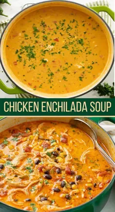Overhead view of creamy chicken enchilada soup with black beans, corn, and tomatoes in a green pot, garnished with green.