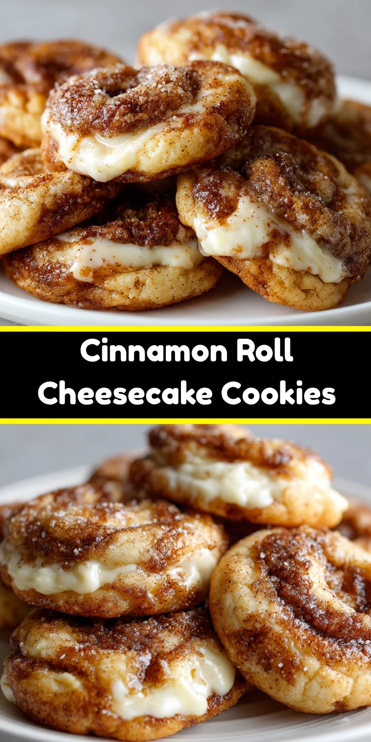 Several cinnamon roll cheesecake cookies with visible creamy white filling and cinnamon-sugar swirl pattern arranged on a.