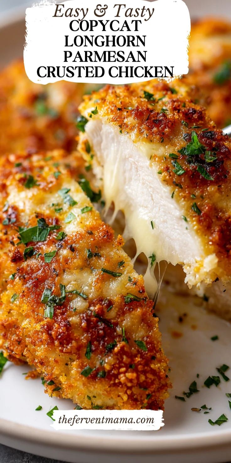 Parmesan crusted chicken breasts on a white plate with creamy sauce and crispy golden breadcrumb topping, sprinkled with.