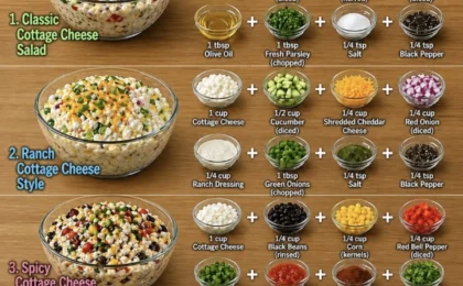 Four cottage cheese salad recipes with fresh vegetables and herbs