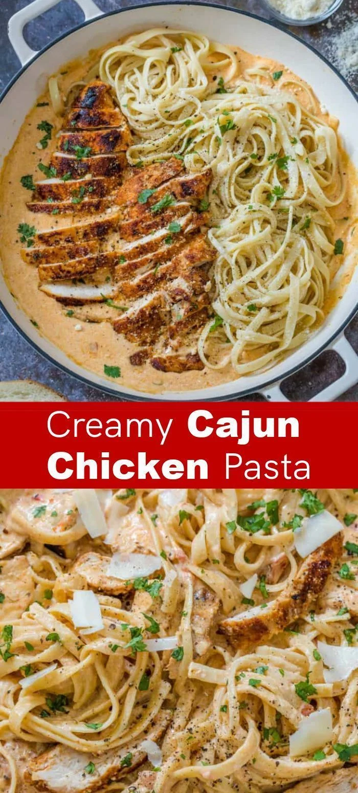 Overhead view of creamy Cajun chicken pasta in a white skillet with sliced chicken, melted cheese, and fresh parsley.