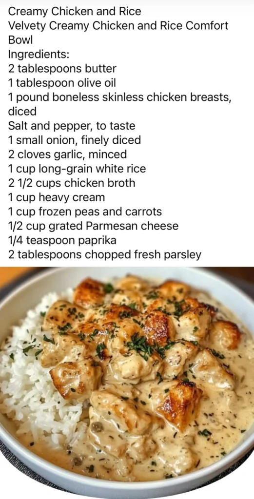 Creamy chicken and rice bowl with peas, carrots, and Parmesan cheese
