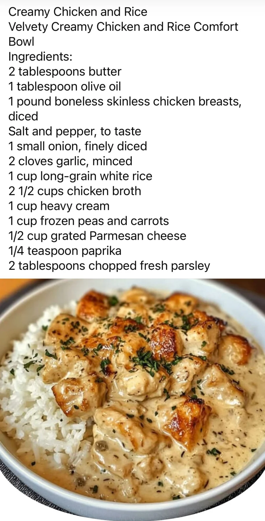 Creamy chicken and rice bowl with peas, carrots, and Parmesan cheese