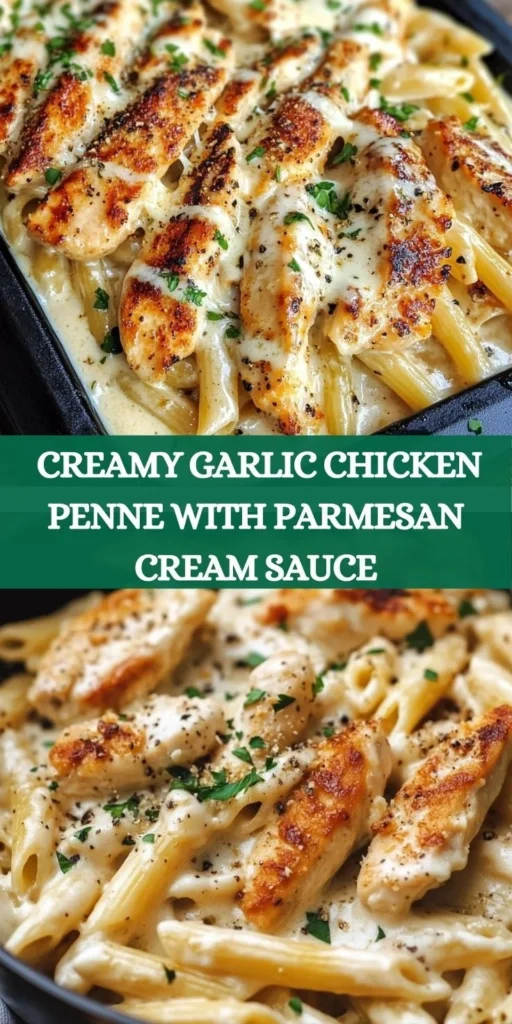 Overhead view of creamy garlic chicken penne with parmesan cream sauce, topped with parsley.