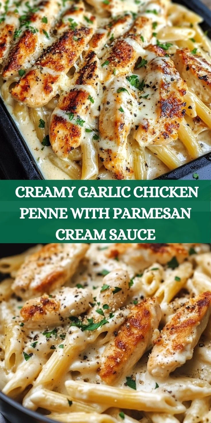 Overhead view of creamy garlic chicken penne with parmesan cream sauce, topped with parsley.