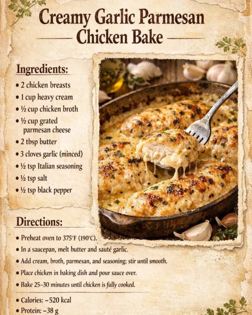 Cast iron skillet with chicken breasts coated in creamy white garlic Parmesan sauce speckled with black pepper