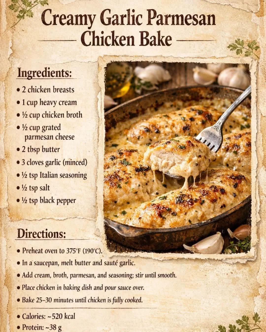 Cast iron skillet with chicken breasts coated in creamy white garlic Parmesan sauce speckled with black pepper