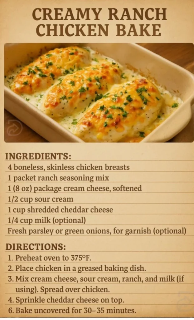 Baking dish with three chicken breasts in creamy white ranch sauce, topped with melted cheddar cheese and green parsley.