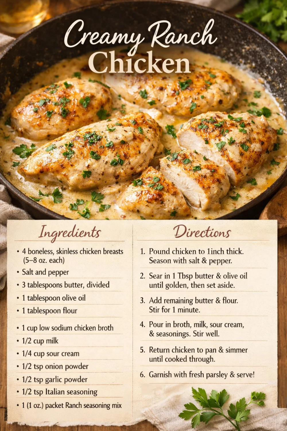 Pan seared chicken breasts in a creamy ranch sauce inside a black skillet, garnished with parsley, with handwritten recipe.