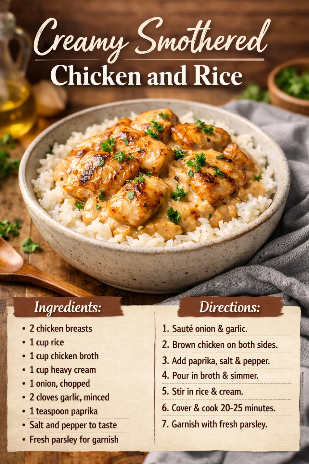 Creamy smothered chicken breasts on fluffy brown rice in a ceramic bowl, garnished with parsley.