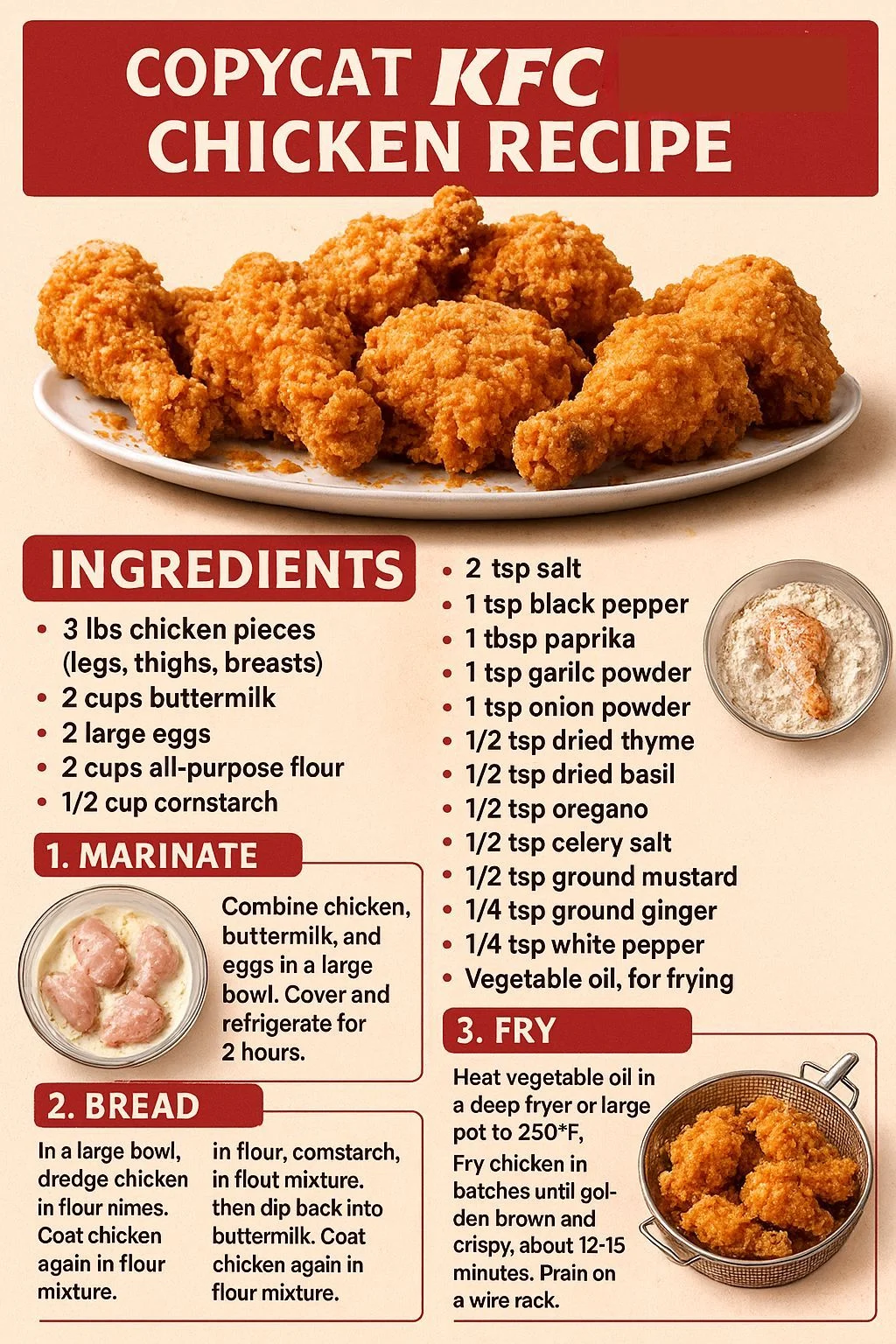 Golden brown crispy copycat KFC fried chicken pieces on a white plate.