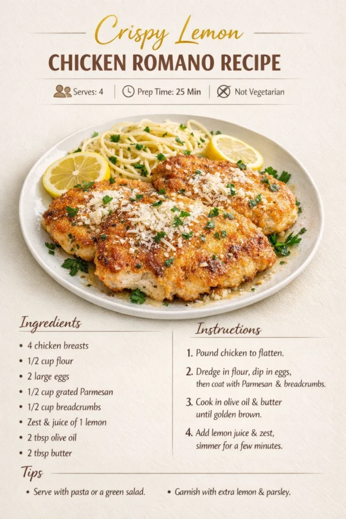 Three golden crispy lemon chicken romano breasts on a plate with linguine, lemon wedges, and parsley.
