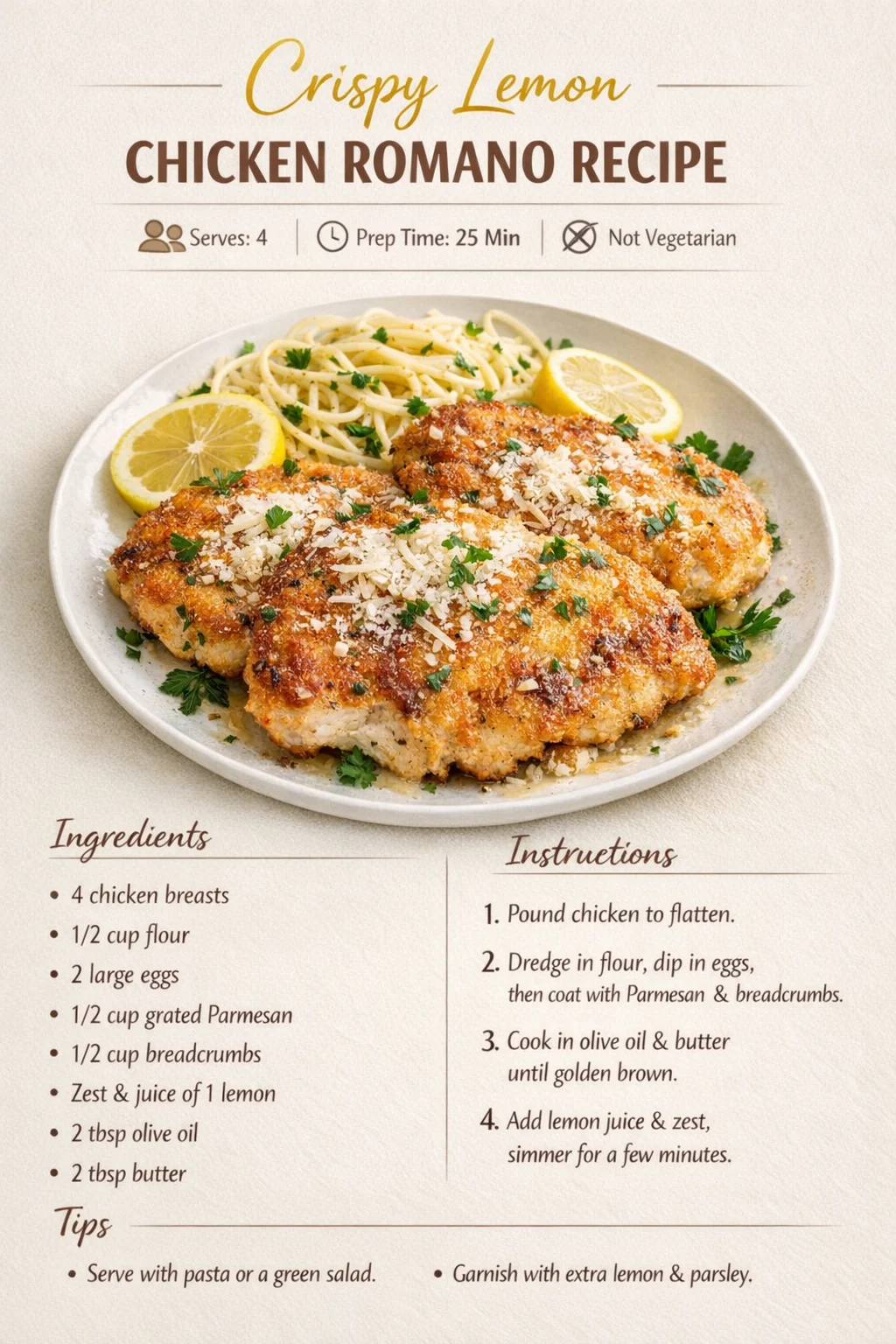 Three golden crispy lemon chicken romano breasts on a plate with linguine, lemon wedges, and parsley.