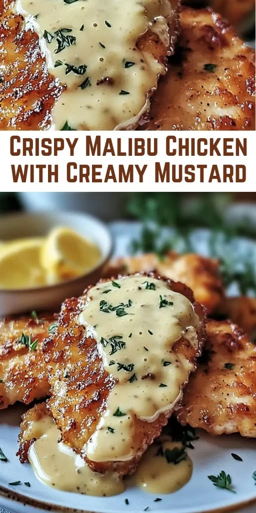 Crispy golden-brown breaded chicken breasts drizzled with creamy mustard sauce, garnished with parsley and lemon wedges