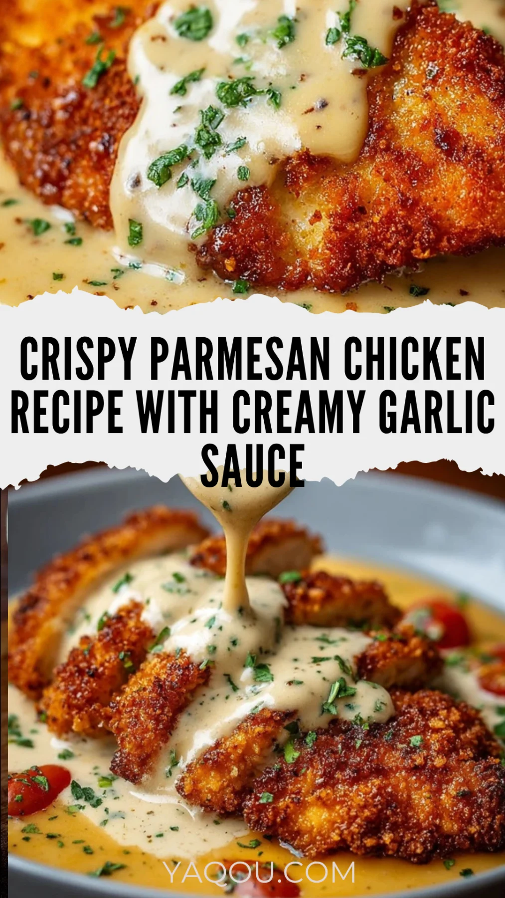 golden-brown crispy parmesan chicken fillets drizzled with creamy garlic sauce and garnished with parsley and cherry tomatoes