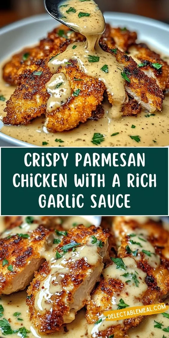 Golden brown crispy Parmesan chicken pieces drizzled with thick creamy garlic sauce and sprinkled with fresh parsley