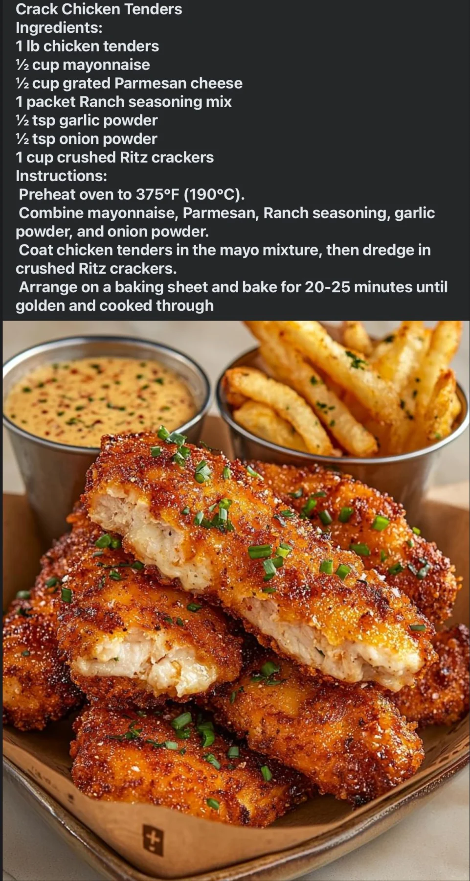Golden crispy ranch chicken tenders sprinkled with green herbs on a plate with French fries and two white dipping sauce.