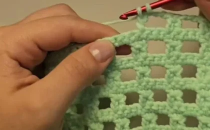 Close-up of crochet mesh stitch fabric showing open lacy holes and neat edges