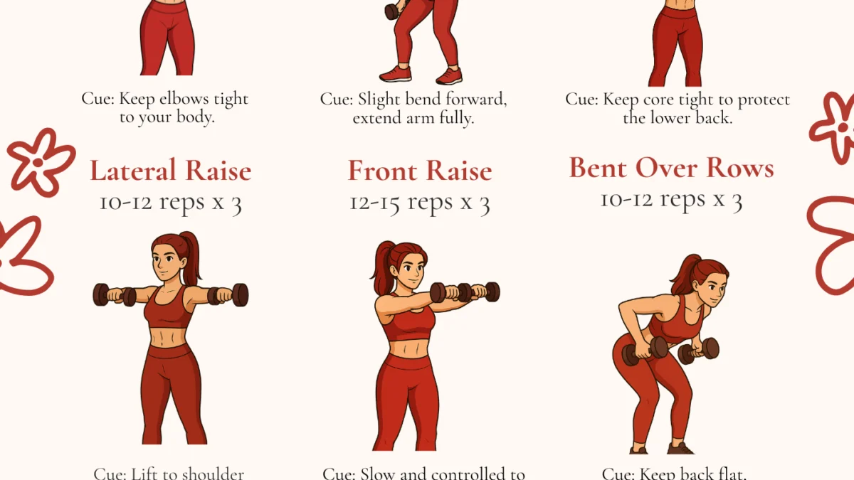 Printable beginner dumbbell workout for women showing 9 exercises with 12-15 reps per set